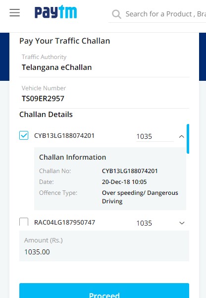 pay telangana traffic challan using paytm