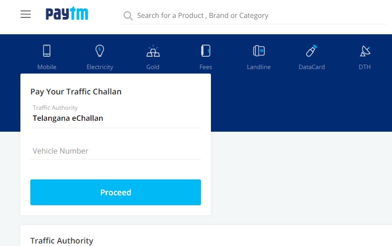 pay Ts traffic challan using paytm